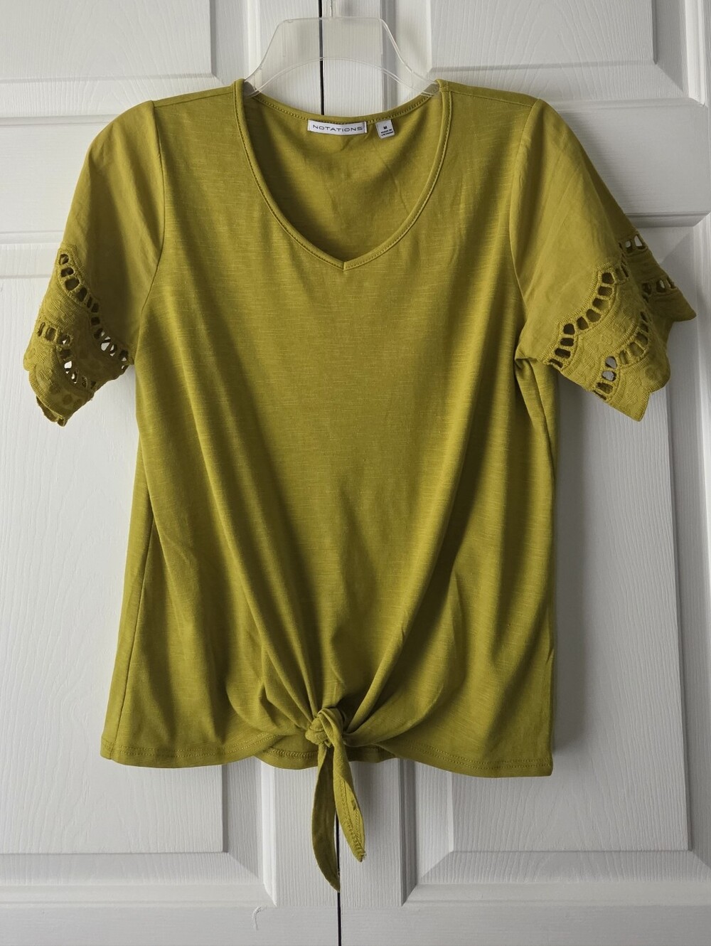 Notations Olive Tie-Front V-Neck Top with Eyelet Lace Sleeves NWOT